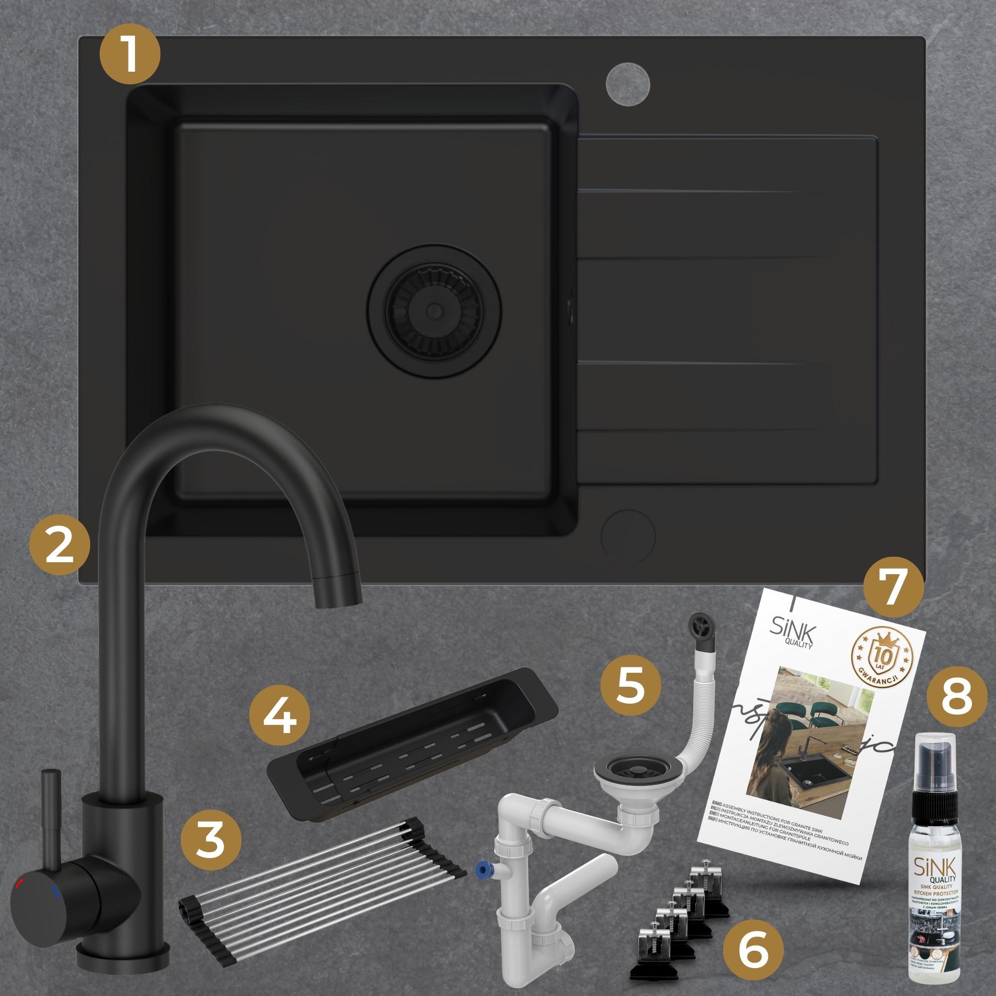 Zestaw gotowy do montażu - zlew, bateria, dozownik, mata, syfon, zaczepy, instrukcja, gwarancja, impregnat